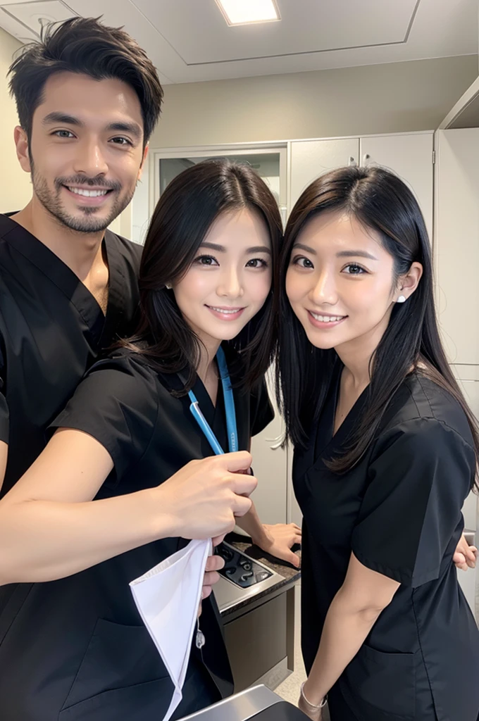 dental clinic　Male doctor and female dental hygienist　Handsome Men and Beautiful Women　Business Partners　Wear black scrubs　Japanese