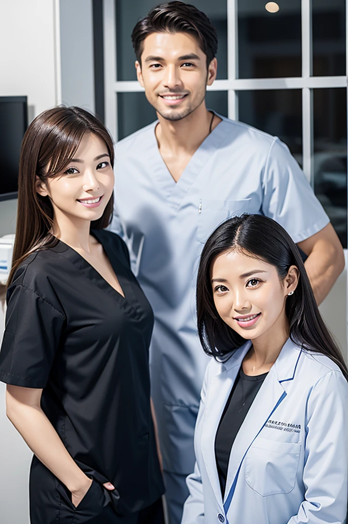 dental clinic Male doctor and female dental hygienist Handsome Men and Beautiful Women Business Partners Wear black scrubs Japanese