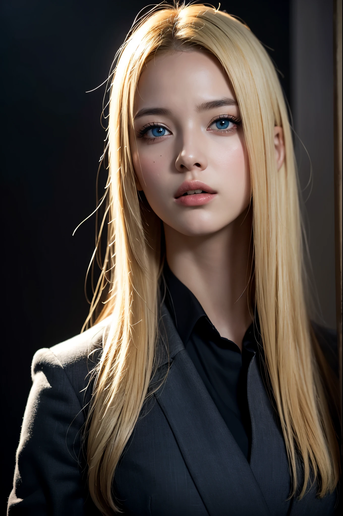 Best quality, masterpiece, ultra high res, (photorealistic:1.4), raw photo, 1girl, blonde hair, blue eyes, detailed eyes and face, black suit, dynamic lighting, in the dark, deep shadow, low key, cowboy shot full-lenght body