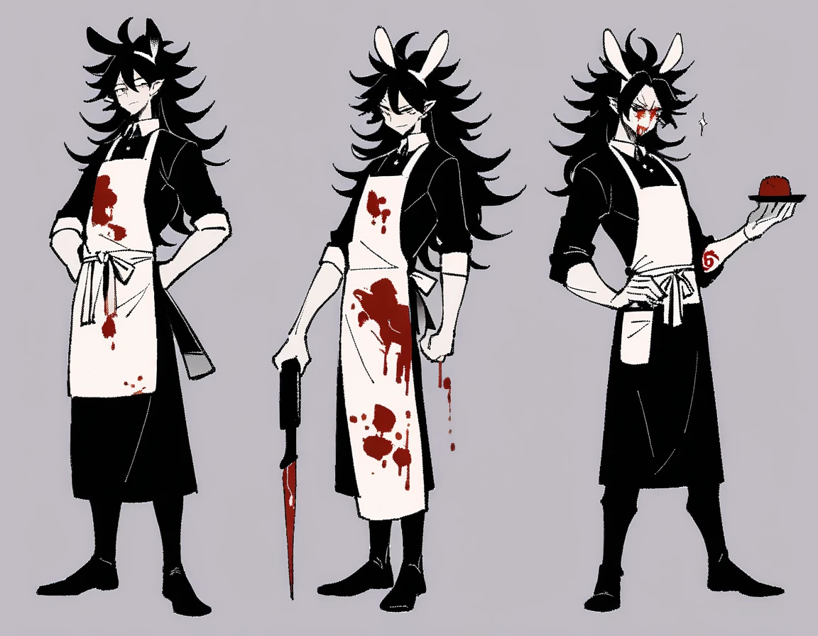 best quality, expressive eyes, perfect face, (1boy), sexy, anthro, (black bunny ears), apron, butcher, bloody, messy hair, genshim impact style, black hair, with tattoo, male, handsome, smug , background white, (full body), bloodstainai, role character, tall slim body, long hair, funamusea inspired

