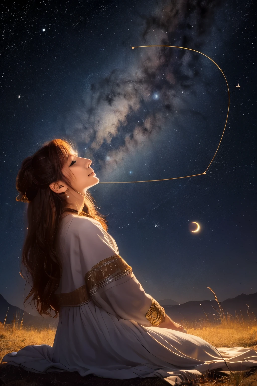 Astrologer, gypsy woman, astrology, astronomy, mystical, planets, constellations, best quality, high resolution, 