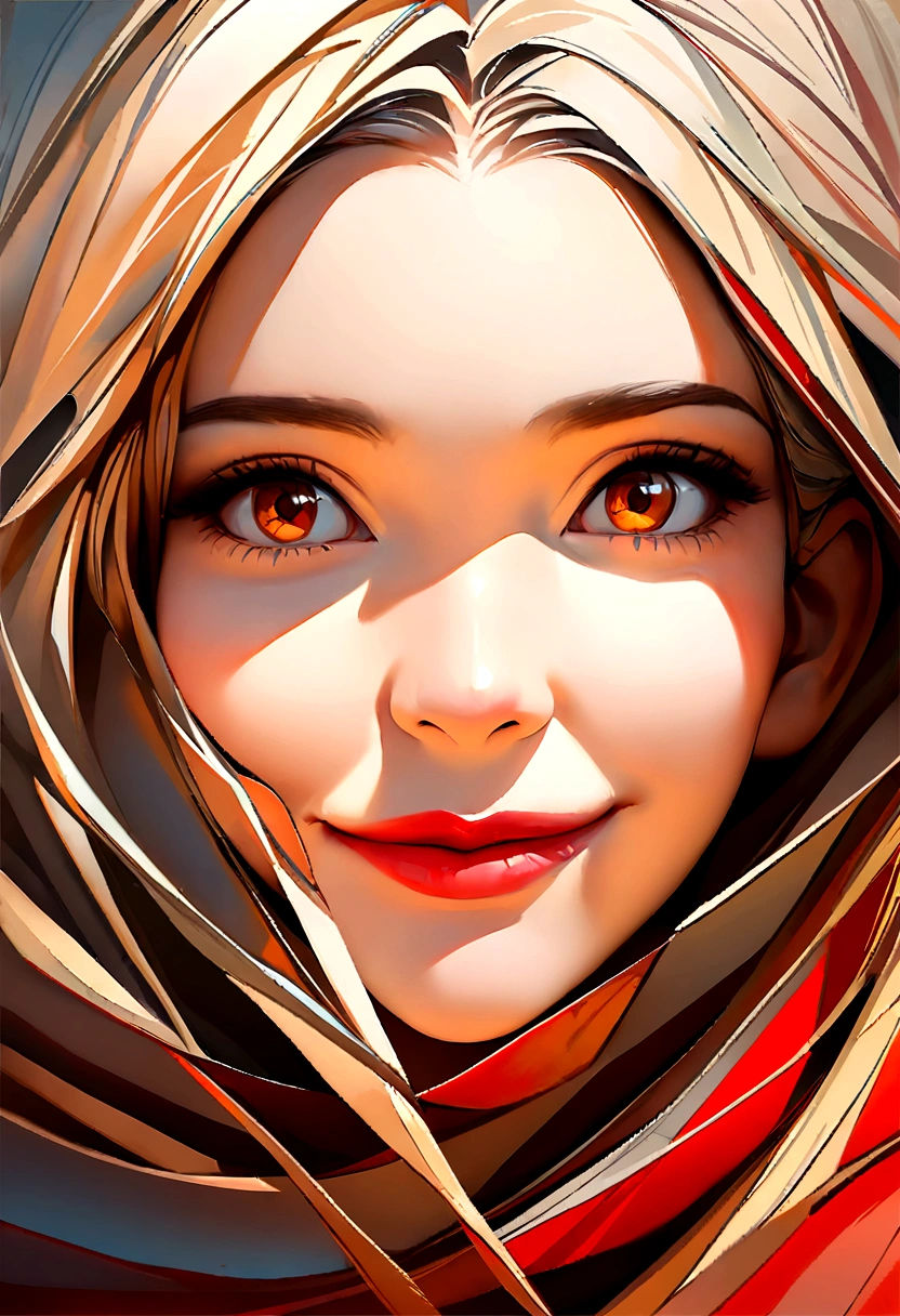 Woman's face, long light hair, smiling, the sun is red, (digital painting, conceptual art, smooth, sharp focus, complex parts, close-up, masterpiece: 1.2)