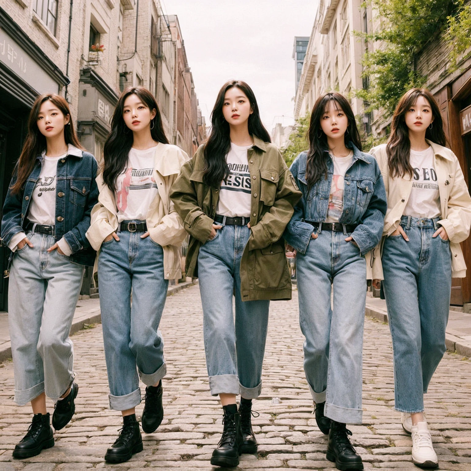 shows five Korean female band members walking confidently down a cobblestone street in casual, stylish outfits with jackets, shirts, and jeans. The backdrop is a vintage urban setting with buildings and greenery. blending modern style with a cool urban vibe.