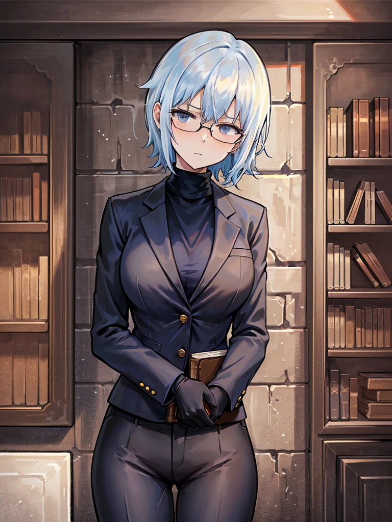 books lying around, cream hair, tall, square glasses, black turtleneck, a beige-color two-button blazer, dark navy-blue pants, and a pair black gloves, looking at viewer, slightly short hair, female, stern expression, slightly leaning on wall, hand on waist, colorful, mature