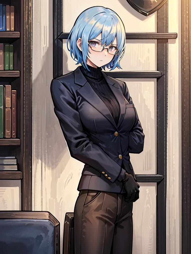 books lying around, cream hair, tall, square glasses, black turtleneck, a beige-color two-button blazer, dark navy-blue pants, and a pair black gloves, looking at viewer, slightly short hair, female, stern expression, slightly leaning on wall, hand on waist, colorful, mature