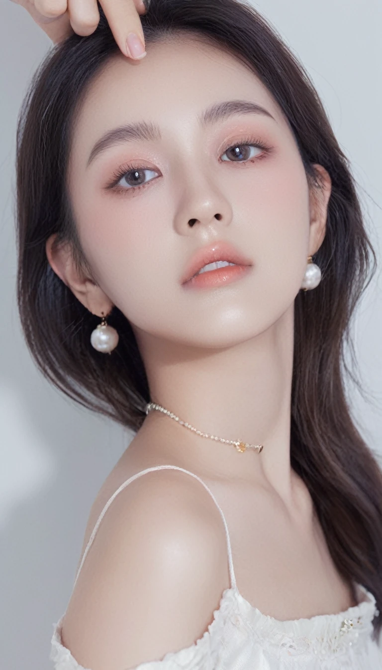 ultra wide shoot, front photo, 1girl with shopping bag and pointing finger up, woman, (Photorealsitic)、(intricate detailes:1.2)、(masterpiece、:1.3)、beauty face, (top-quality:1.4)、(超A high resolution:1.2)、超A high resolution、(A detailed eye)、(detailed facial features), ((Realistic lighting、top-quality、8K、natural light, masterpiece:1.3))、bright photo, Clear focus:1.2、1girl in、flawless beauty:1.4、Superfine Face、Narrow-eyed、double eyelid、photos realistic, perfect eyes, perfect skin, detailed skin, detailed face, looking viewer, front view, potrait, raw photo, simple soft pink background, (intricate detailed skin textured:1.4) front view, looking viewer, clear face, 1 girl、porate、Bright and very beautiful face、beautiful girl, A stunning close-up portrait showcasing the beauty of a Korean model. The composition features soft, natural lighting , bright eyes, and striking cheekbones. Her glossy, The background is simply white background, wear sweetshirt, neat hair, long hair, instagram model, profil picture, bright and natural