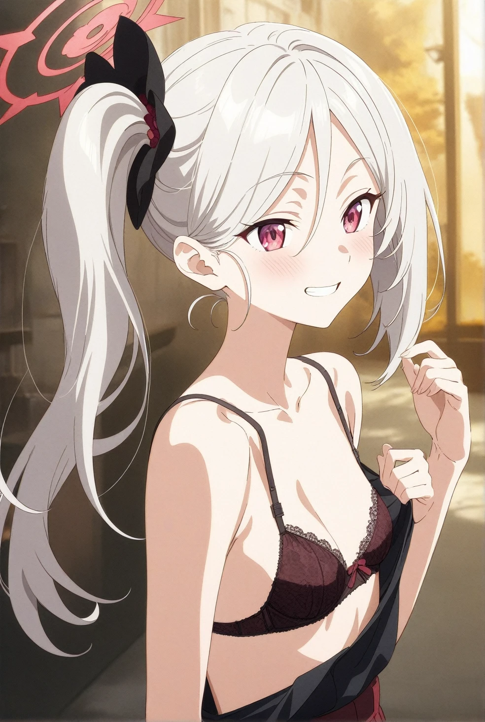 best quality, amazing quality, very aesthetic, absurdres, (1girl, mutsuki, blue archive, solo, red eyes, white hair, side ponytail), (realistic face:0.9),(lace-trimmed bra:1.8),dress lift, (grin, blush, thigh:1.3), (cowboy shot), (glistening eyes), (from side:2), (official art:1.3), (panties around one leg), expressive eyes, perfect face, extremely detailed eyes, perfect anatomy, smooth skin, (anime background:1.5), clear eyes, beautiful face, small breasts,(anime style:1.7), (Warm Light:1.5), (highres:2),