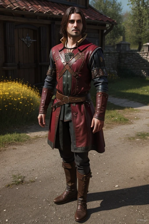 bard Dandelion from The Witcher, in leather medieval clothes and a red leather cloak medieval fantasy art 3D