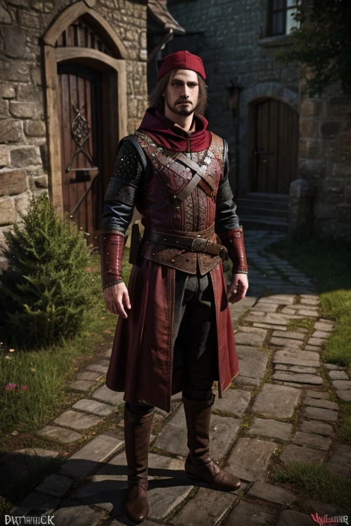 bard Dandelion from The Witcher, in leather medieval clothes and a red leather cloak medieval fantasy art 3D
