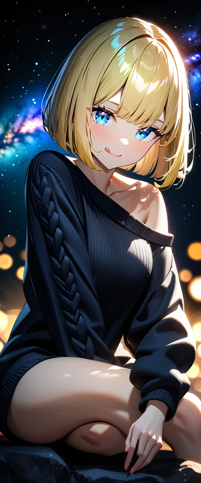 ((stick out tongue)), ((off-shoulder sweater:1.3, Quite thick shoulder straps)), ((black sweater)), ((Aran sweater)), (((bare legs))), from side, ((((upper body)))), ((Leaning to side)), (((a beautiful starry sky, the Milky Way shining beautifully in the night))), ((sitting on the very high cliff)), wavy hair, inward curled hair, sea, ((blond hair, bob cut:1.3)), breasts, teenager, (looking at viewer), oversized clothes, puffy long sleeves, collarbone, head tilt:1.3, (((blue eyes))), happy smile, (((anime style))), (best quality, 4K, 8K, highres, masterpiece:1.2, ultra-detailed, ultra-detailed eyes, HDR, uhd, studio lighting, ultra-fine painting, sharp focus, physically-based rendering, extreme detail description, professional, vivid colors, bokeh)