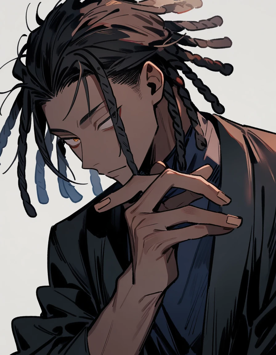 (1boy,jujutsu kaisen) solo, blunt in hand, (black jacket with black fur) (brown skin color), messy look, black hair, ((dreadlock hairstyle)), brown eyes, masterpiece, best quality, high quality, upper body, male focus, eye bags