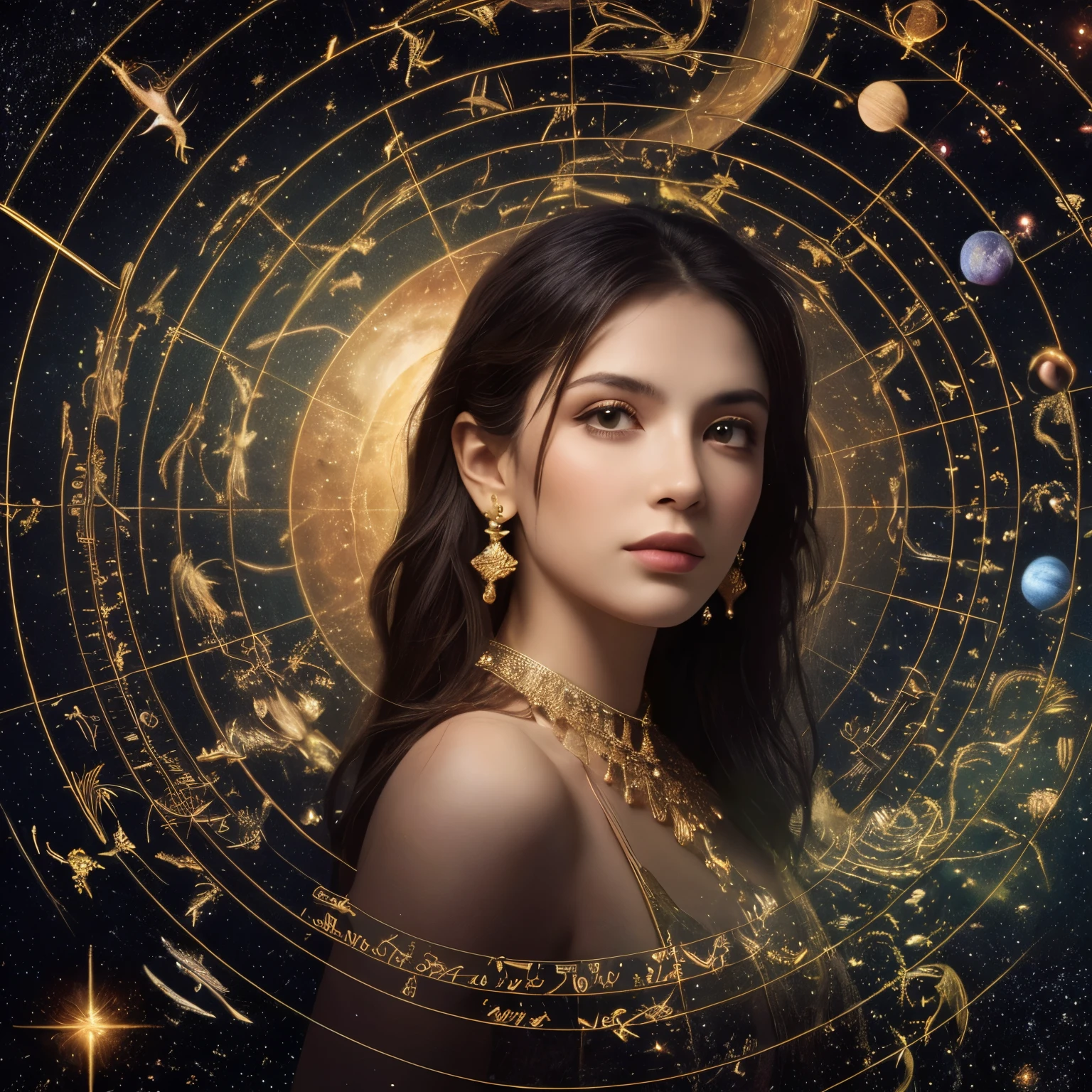 Astrologer, gypsy woman, astrology, astronomy, mystical, planets, constellations, best quality, high resolution, 