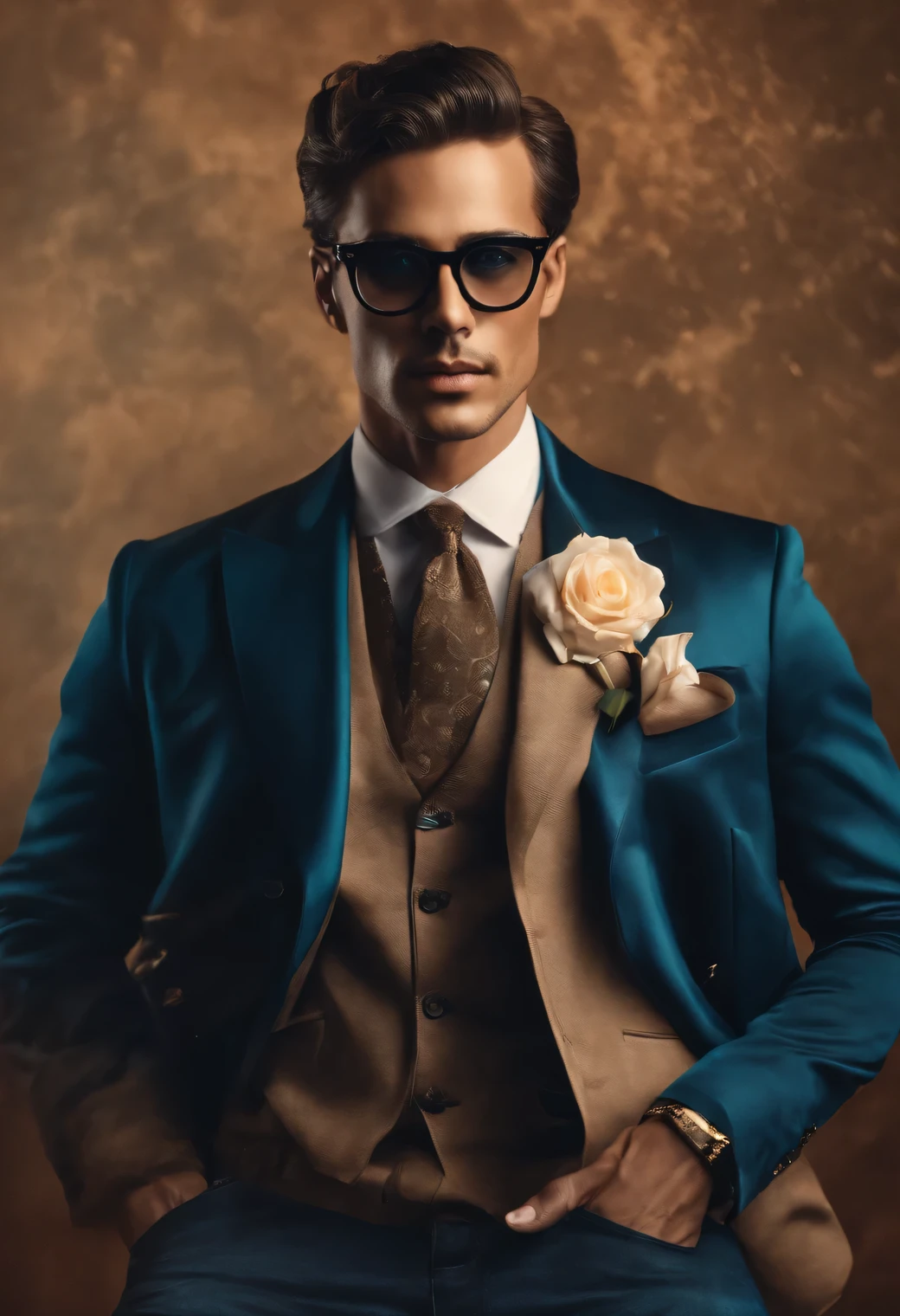 Using AI generative tools, create an image of a suave man donning a jacket and jeans, with stylish spectacles on his face. He should be gracefully holding a sign that reads 'Thanks for the warm wishes' in an artistic manner.