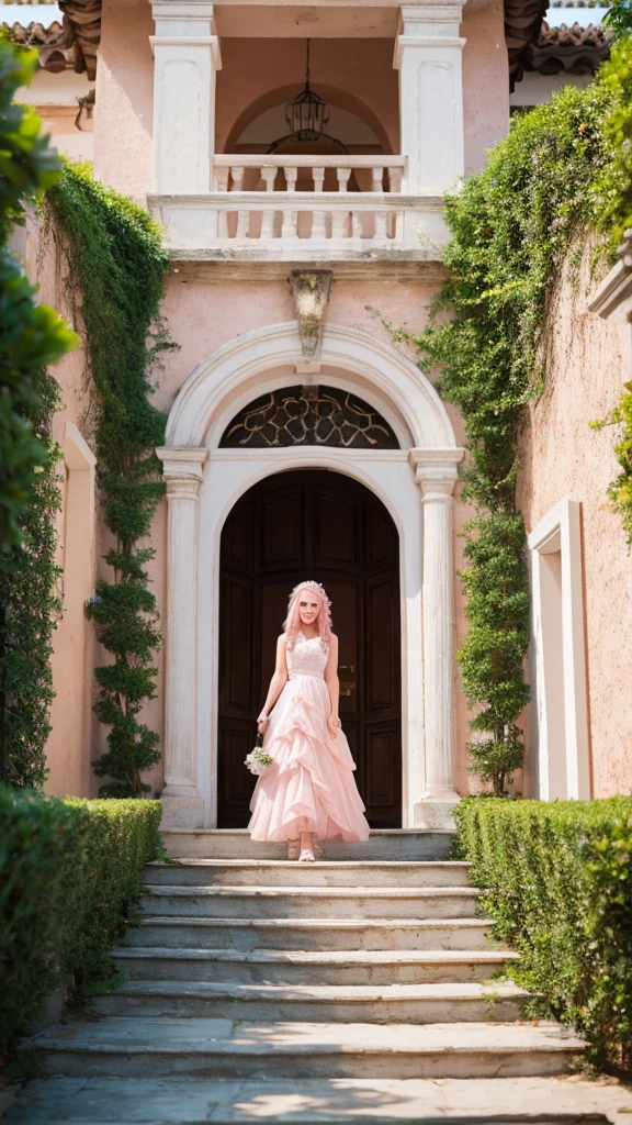 masterpiece, Highest quality, Very detailed, figure, Beautiful attention to detail, close, 1 Girl, Pink Hair, White Dress, Entrance of the villa, Standing position, Downward