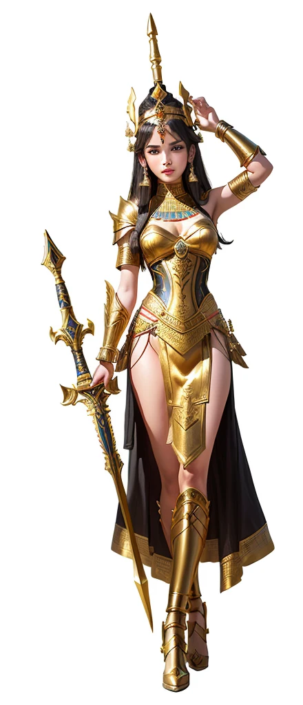 a woman in a thai costume holding a sword and a sword, black emma watson as egyptian, sukhothai costume, high quality theatre costume, ancient libu princess, pharaoh clothes, egyptian clothes, egyptian princess, tai costume, egyptian clothing, costume, wearing an egyptian crown, cleopatra, gold armour and crown, high quality costume, wearing an ornate outfit, detailed image