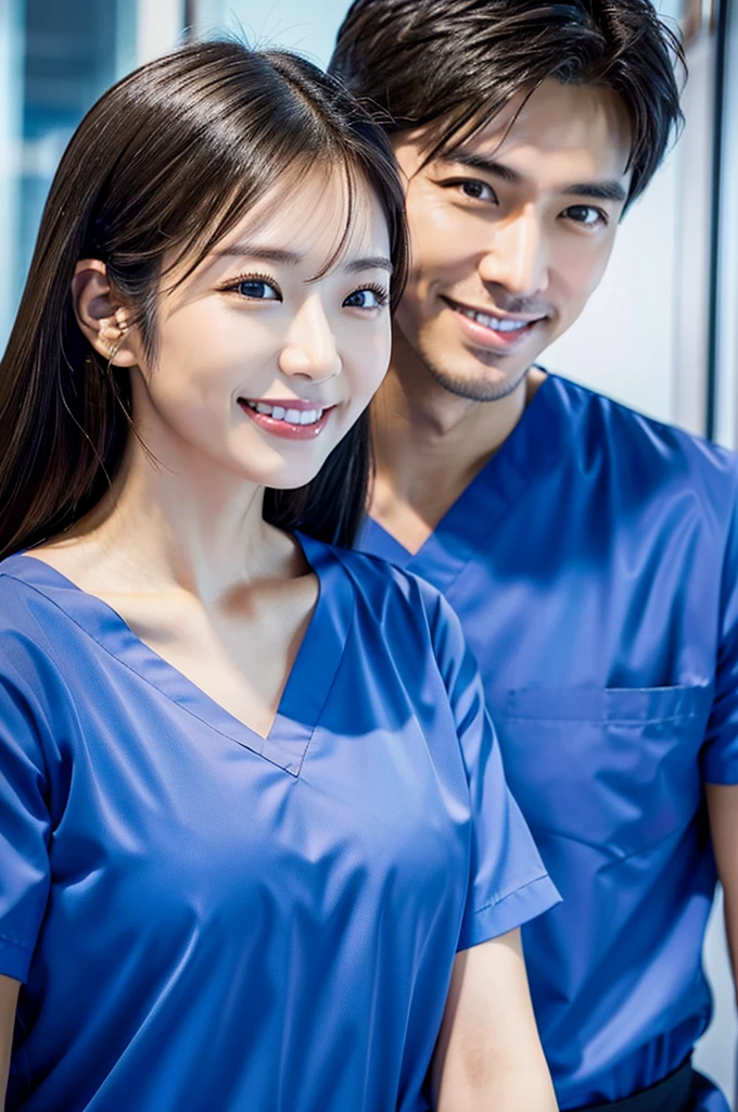 Male dentist and female dental hygienist 2people A good business partner 日本people Handsome Men and Beautiful Women Wear black scrubs Upper body close-up high resolution high resolution Highest quality smile