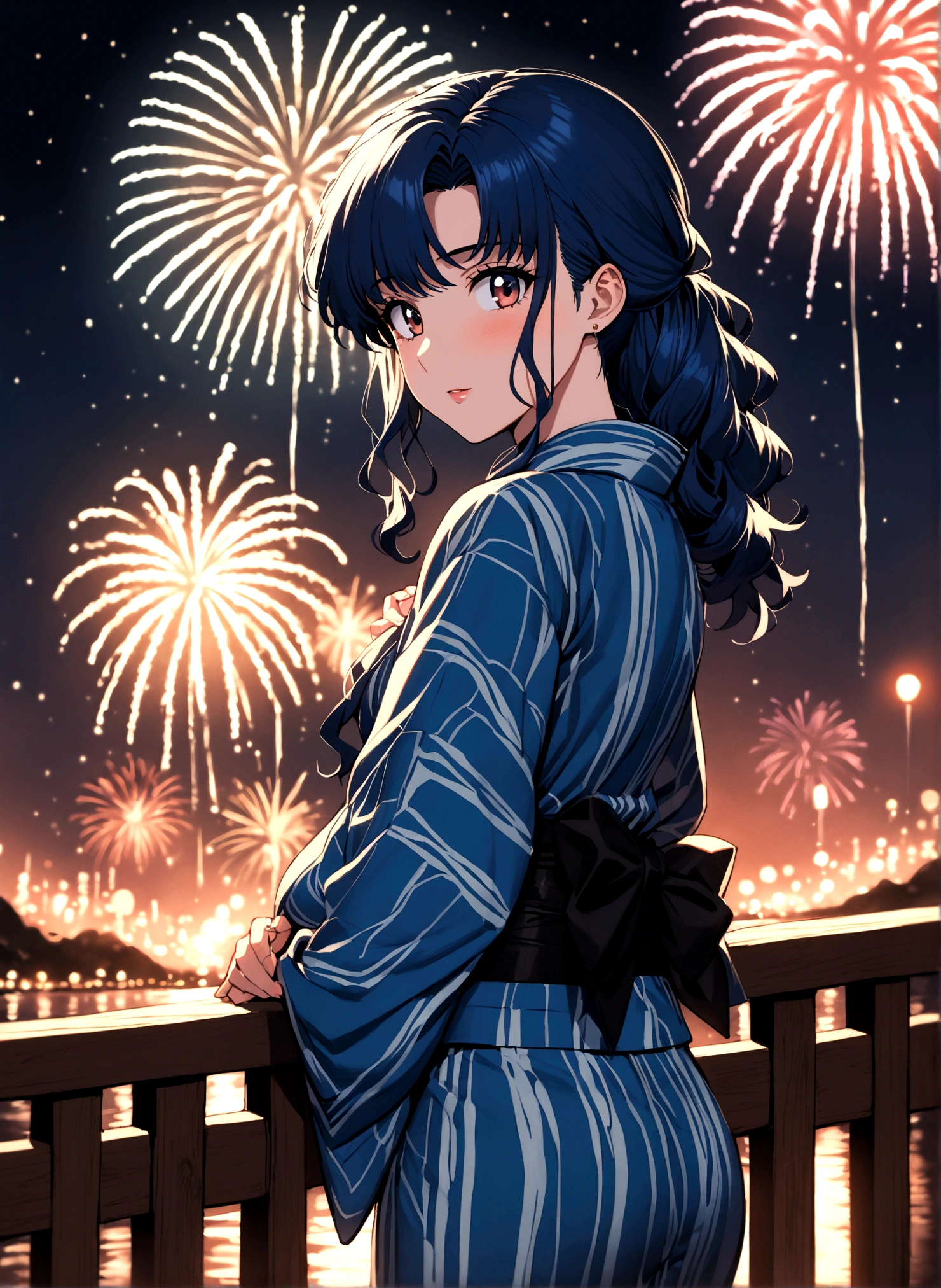masterpiece, Highest quality,Katsuragi Misato,Navy Blue Hair, One girl,Beautiful Eyes,yukata,whole body,Fireworks display