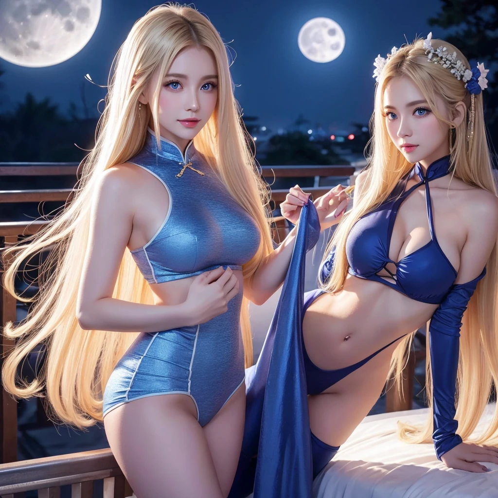 
long hair、Big Breasts、Blonde、Blue eyes、Aquiline nose、Thin lips、30th Generation、Beauty、Tight fitting Chinese clothing、Fan in hand、night、Full moon in the background
