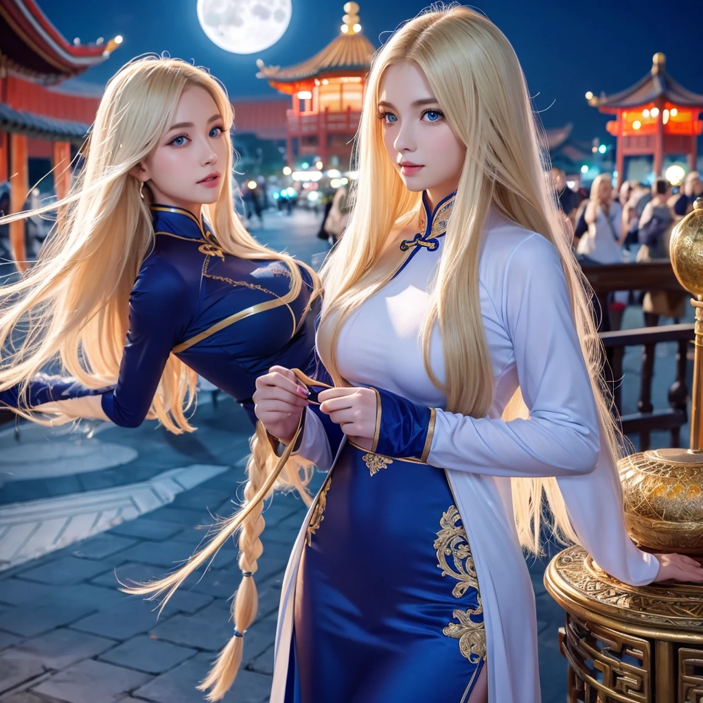 
long hair、Big Breasts、Blonde、Blue eyes、Aquiline nose、Thin lips、30th Generation、Beauty、Tight fitting Chinese clothing、Fan in hand、night、Full moon in the background
