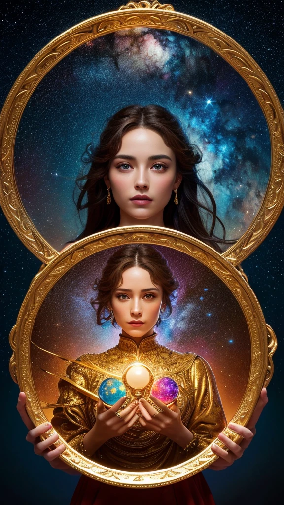 artwork, Surrealism, Very detailed, Intricate details, oil, Highest quality, universe, Starry sky, Woman holding two plates, Pound sign concept, Golden Ratio, beautiful, universe concept, 8K, Cinematic Light, Starry sky background, Vibrant colors, Ultra-high resolution, By Gregg Rutkowski