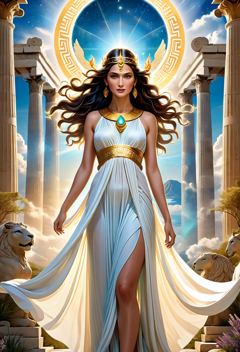 "Imagine an AI-generated artwork of a mythical Greek goddess. Imagine her draped in ethereal robes adorned with symbols of classical antiquity., embodying divine grace and beauty. Surround her with an aura of heavenly light., with a backdrop reminiscent of ancient Greek landscapes, combining its contemporary charm with the timeless elegance of Greek mythology. Use a harmonious color palette that reflects both the richness of your heritage and the allure of a mythological kingdom.. The final image should be a visual ode to her as a modern goddess., Seamlessly fusing the worlds of cinema and ancient mythology.."