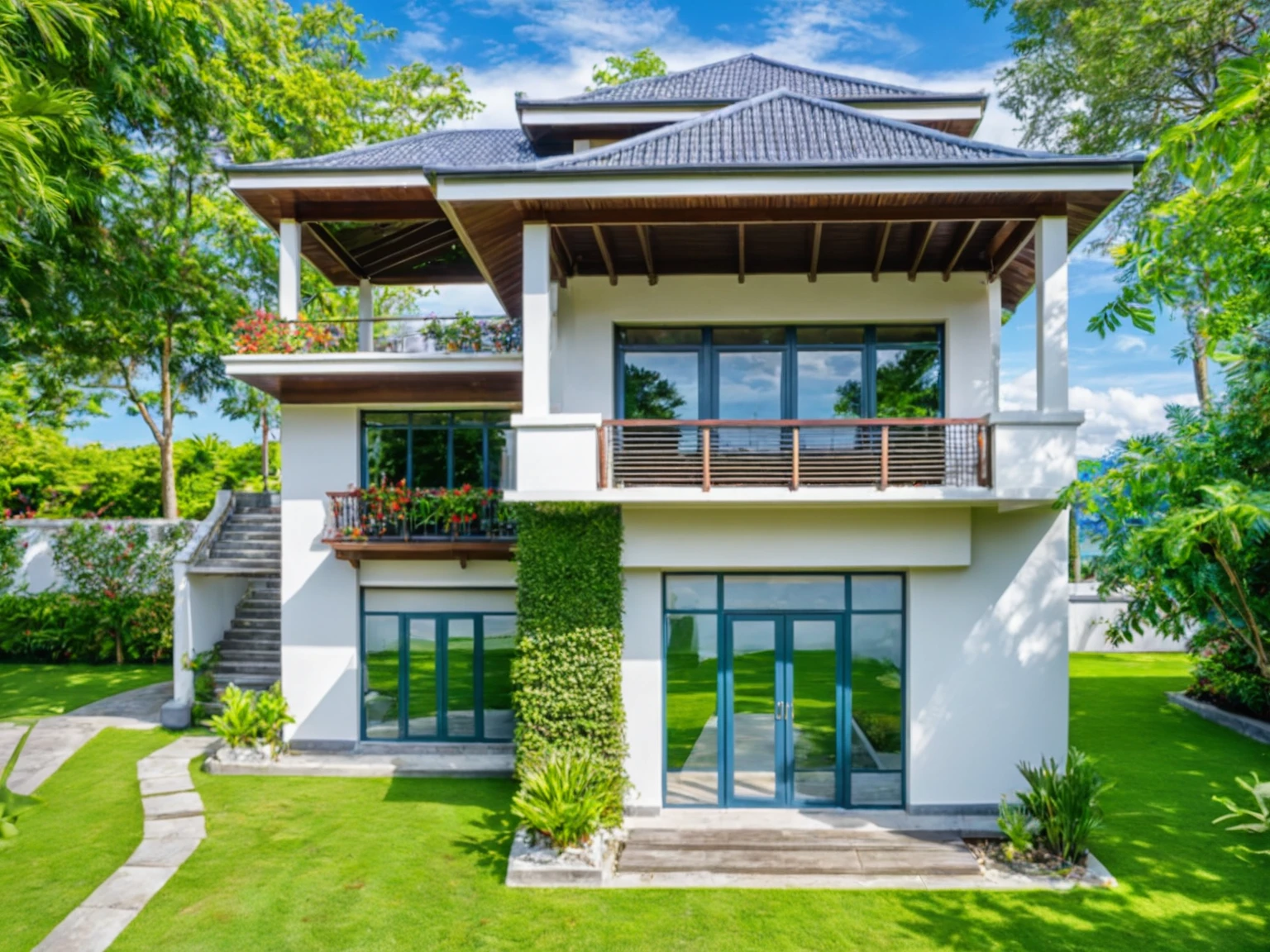 Masterpiece, high quality, best quality, authentic, super detail, outdoors, house style modern,bietthuhn, white wall, glass windows, gate road,pavement, grass, trees,blue sky, cloud, (day:1.1), realistic lighting, japan garden