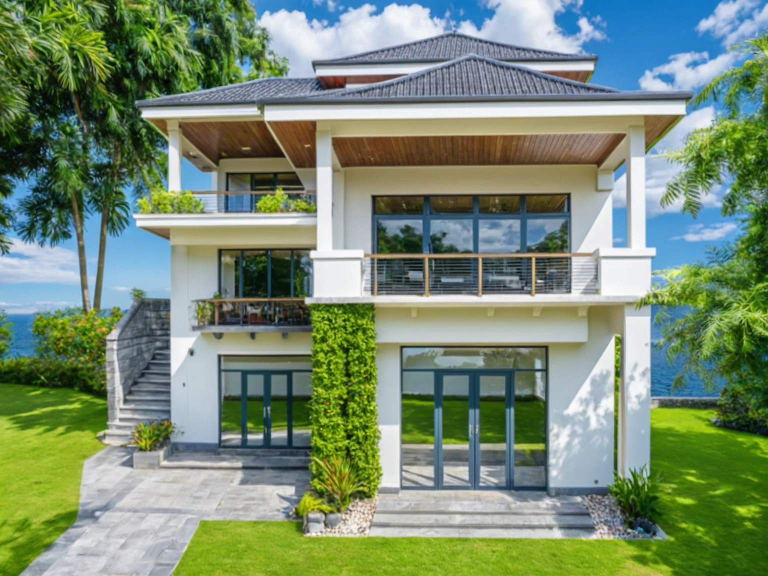 Masterpiece, high quality, best quality, authentic, super detail, outdoors, house style modern,bietthuhn, white wall, glass windows, gate road,pavement, grass, trees,blue sky, cloud, (day:1.1), realistic lighting, japan garden