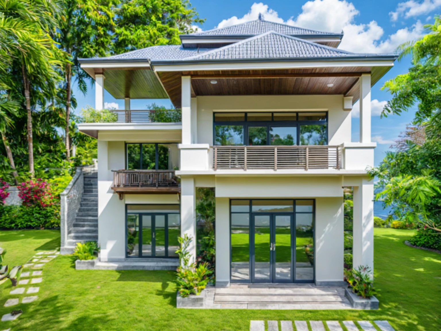 Masterpiece, high quality, best quality, authentic, super detail, outdoors, house style modern,bietthuhn, white wall, glass windows, gate road,pavement, grass, trees,blue sky, cloud, (day:1.1), realistic lighting, japan garden