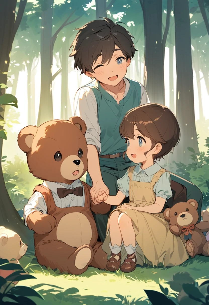 Four teddy bears holding hands and sitting in the forest,A little bear is a mother,A little bear is a dad,A little bear is my younger brother,A little bear is a sister,