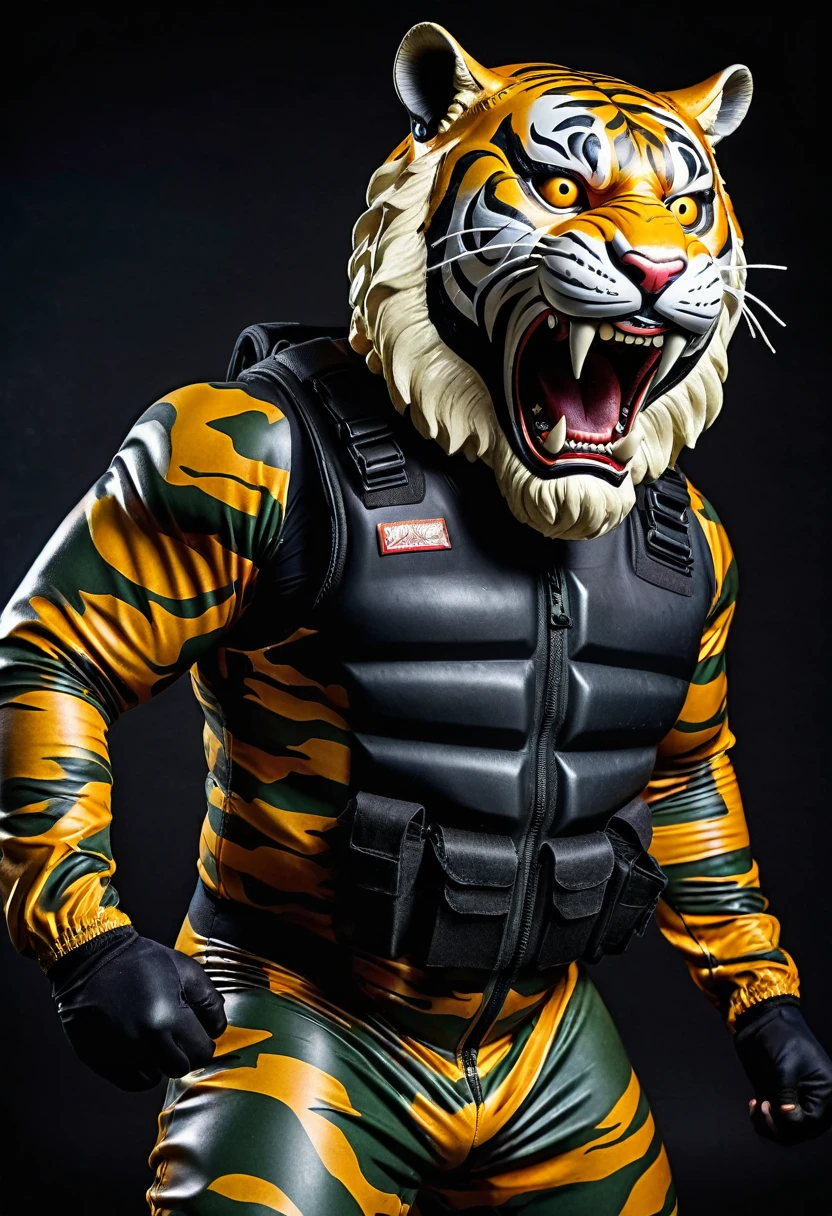 (a dark-skinned bearded fat old man in a bulky camouflage zipper diver suit) (wearing proportionate realistic roaring tiger mask that show the wearer eyes), carrying a gun on his right hip, muscular, Basuki Abdullah, sumatraism, muscular physique, imposing stature, action, a character portrait, heroic, fierce, snarling, best quality