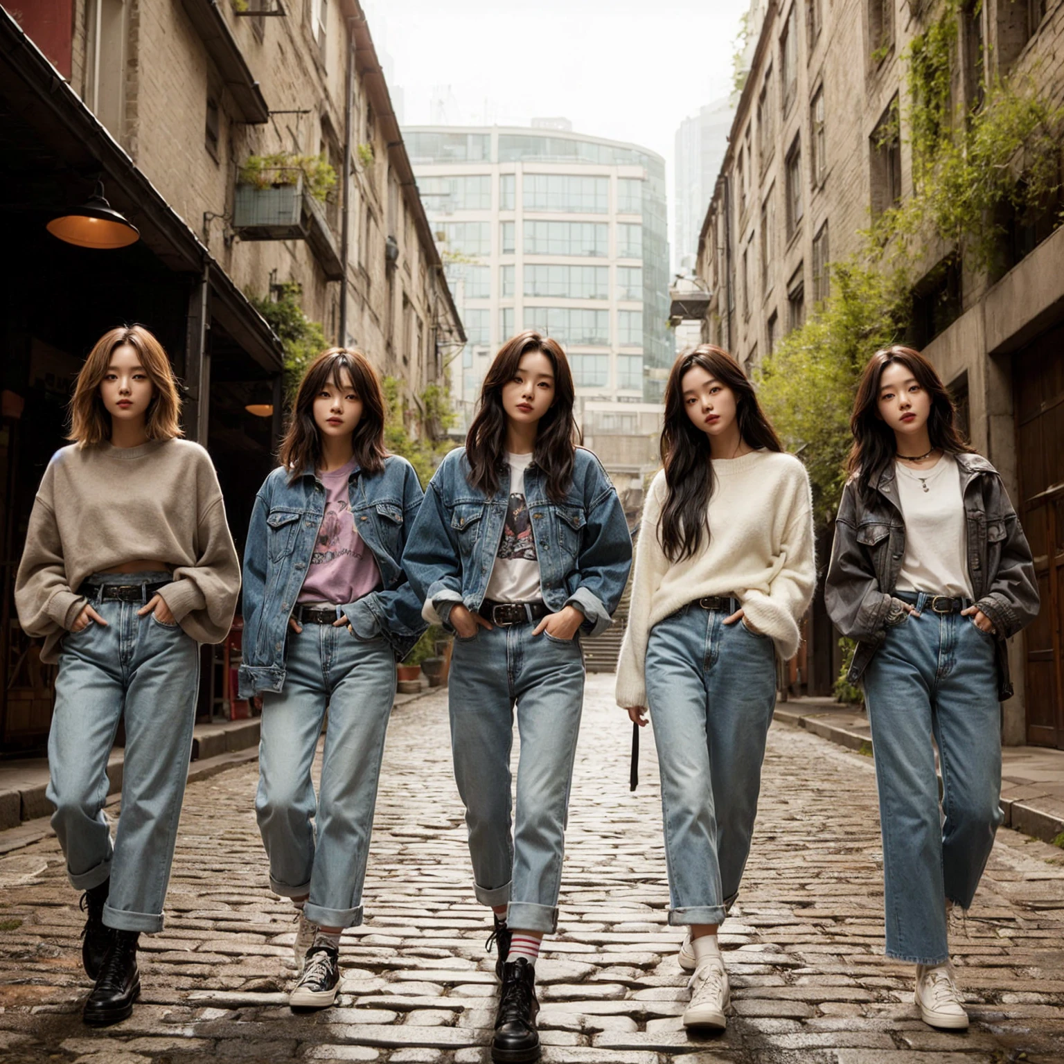shows five Korean female band members walking confidently down a cobblestone street in casual, stylish outfits with jackets, shirts, and jeans. The backdrop is a vintage urban setting with buildings and greenery. blending modern style with a cool urban vibe.