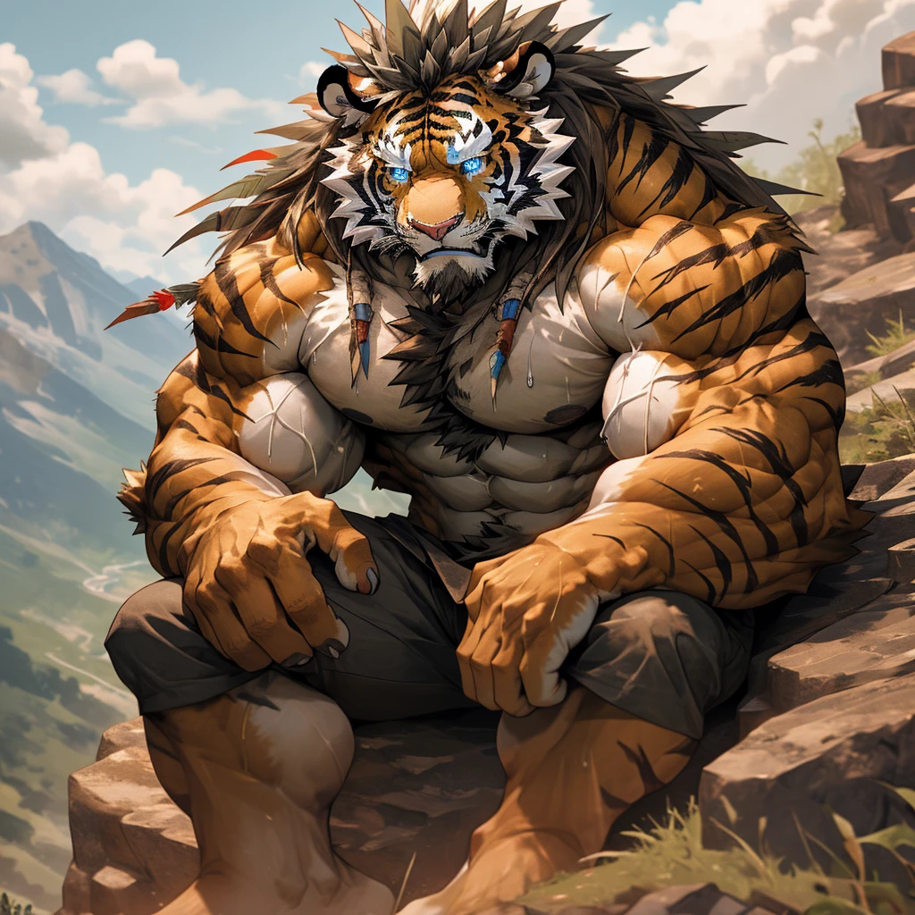 sweating a lot，muscular，Topless，Sitting on the cliff at the top of the mountain，hairy，personification，chest hair，Serious face（scars in the face） Mature （blue eyes）Huge muscle ripped abs wild， Tribal chieftain tiger