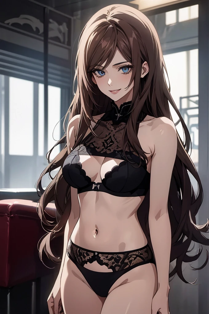 (Highest quality, High resolution, Very detailed), Beautiful and elegant light blue eyes, Brown Hair, Cold Smile, Long Hair, black lace thong bra, 27 years old, Cruel smile, secretary, Pale complexion, Calm, venue,