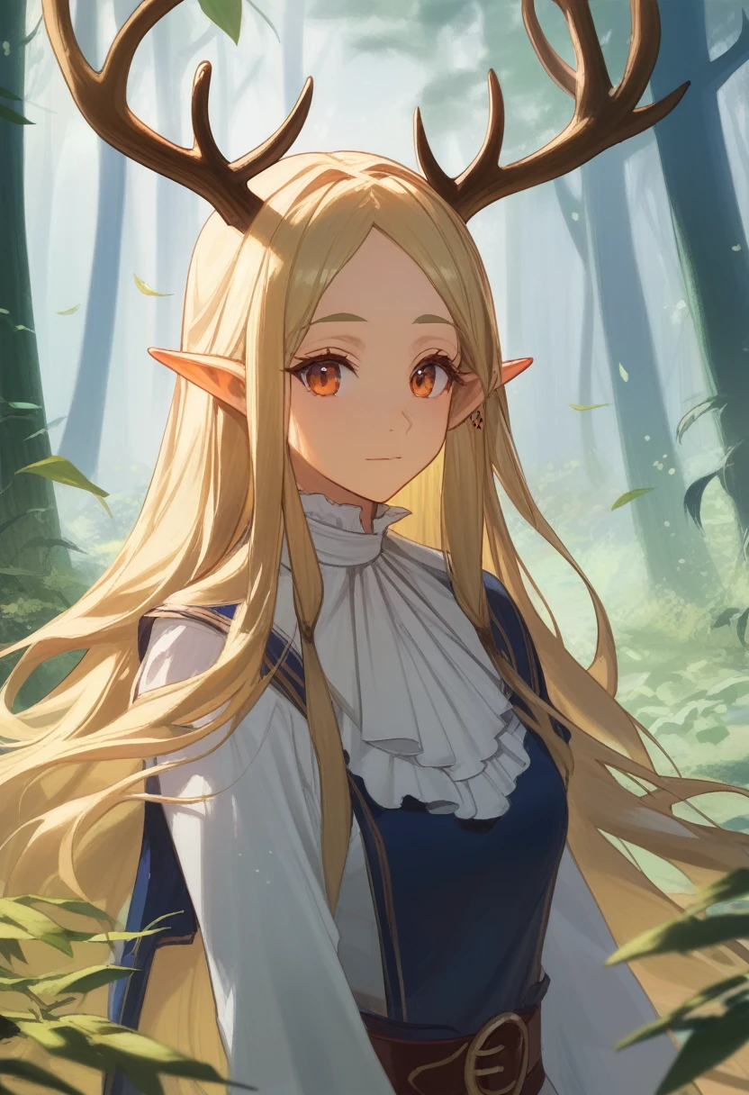 （tmasterpiece，best qualtiy）， 1girll， Complicated details， blond hairbl， leafs， wavey hair， looks into camera， the elf， The upper part of the body， ln the forest， frilld， thin fog， deer antlers，wonderland