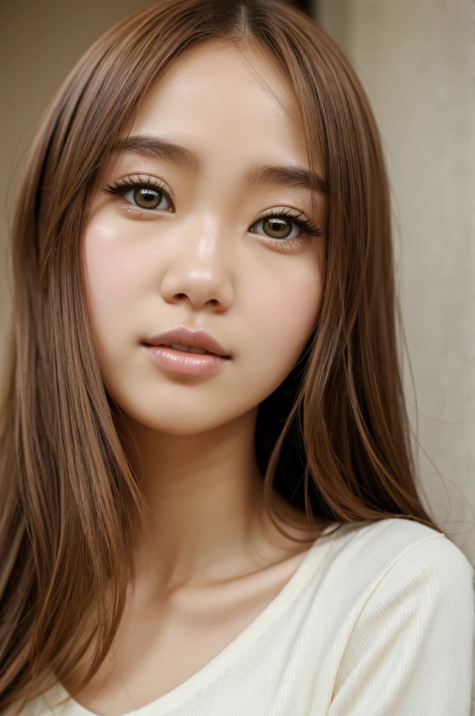 2D girl with pearly complexion, medium almond hair, slightly ball nose, not very thick lips and brown eyes