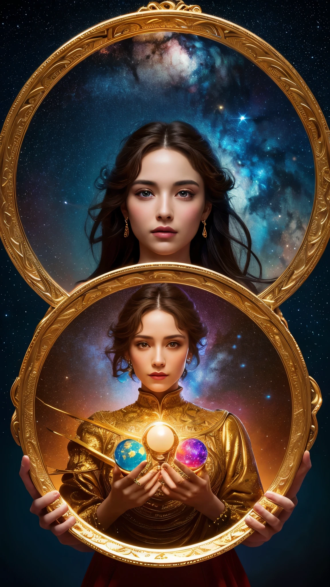 artwork, Surrealism, Very detailed, Intricate details, oil, Highest quality, universe, Starry sky, Woman holding two plates, Pound sign concept, Golden Ratio, beautiful, universe concept, 8K, Cinematic Light, Starry sky background, Vibrant colors, Ultra-high resolution, By Gregg Rutkowski