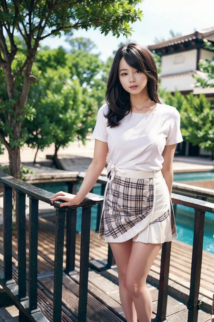 (8K, RAW Photos, Highest quality, masterpiece:1.2), masterpiece, Highest quality, shape, Very detailed, Fine details, High resolution, 8K,wallpaper, Perfect dynamic composition,(High quality with attention to detail, Realistic depiction of eyes:1.3)、A woman who has been  and has her Hand tied、Put your arms around your back、Hand tie,Standing on a yacht in the ocean、Tartan Check Pleated Skirt、whole body、A strong wind blows and flips up my skirt、White panties are visible、The whole is facing forward、２１talent、beauty、Well-formed face、Even out the eyes、Beautiful black hair、Bangedium Build、Balanced proportions、Beautiful feet、Short sleeve blouse、Fresh face、Beautiful views、