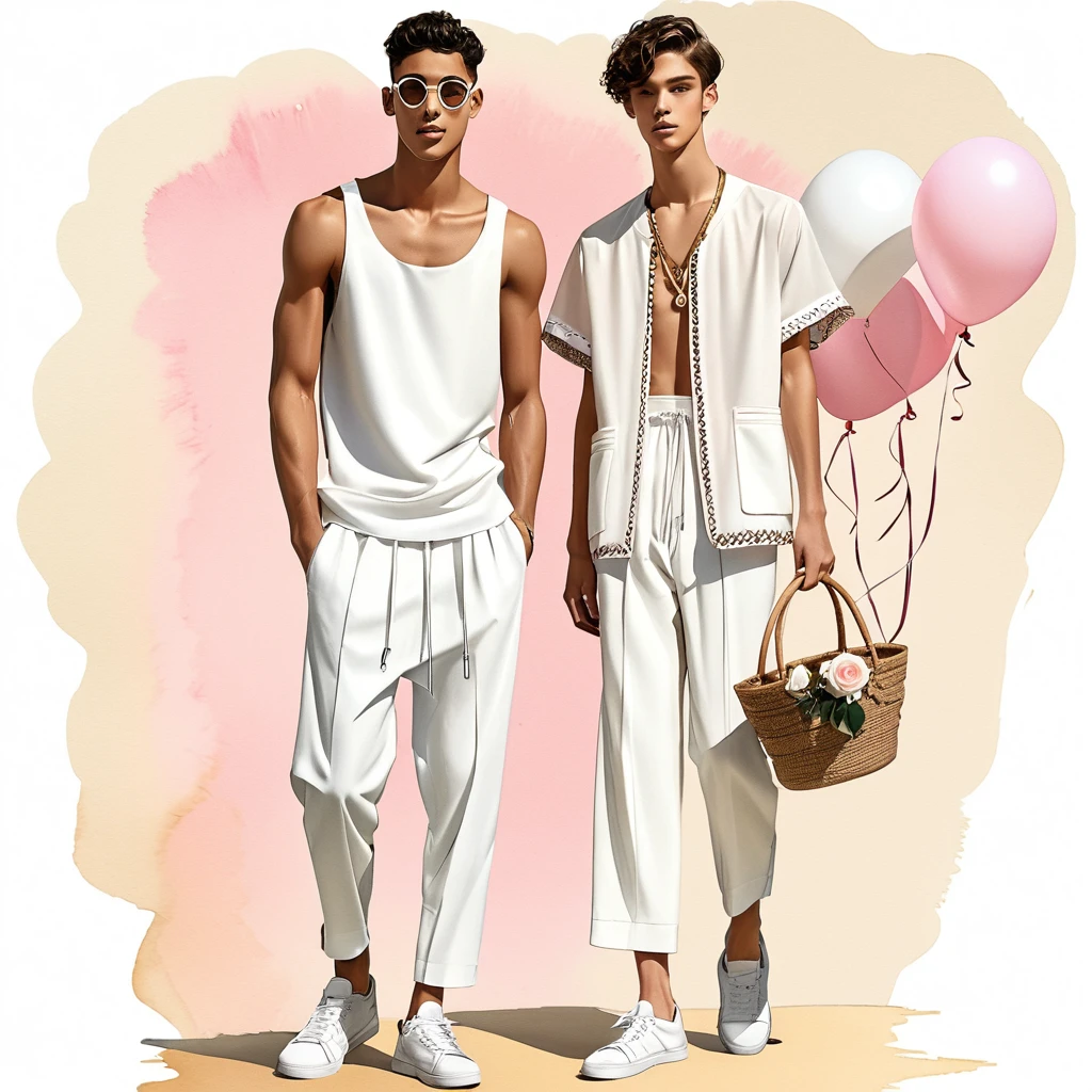 candid fashion illustration of young Mixed race man and woman, both aged 18 year old, ((showcase fashion look book in a Black and White rayon outfits)), inspired by BACKSTAGE resort collection 2023 in elegant young chic bohemian style. The man wears an oversized short-sleeved bowling white shirt with a minimal embroidery details, paired with relaxed-fit white Sports pants with Drawstring, He completes his look with white sneakers, round glasses. The woman complements him in a white Calf-length, fitted dress in a cotton crêpe weave with a sweetheart neckline, smocked section at the back and a concealed zip at one side. Elbow-length, organza-filled balloon sleeves with covered elastication over the shoulders and at the cuffs, Smocked details to creating gathers technique, Her ensemble includes an accessorizes with a brimmed straw bag, wood necklace and white sneakers and necklace. Captured in a low angle, ((full-body image)), ((light rose flower water color background)), sketching, realistic drawing, ((imperfect water color drawing)), fashion look book, fashion illustrator, sketch design,