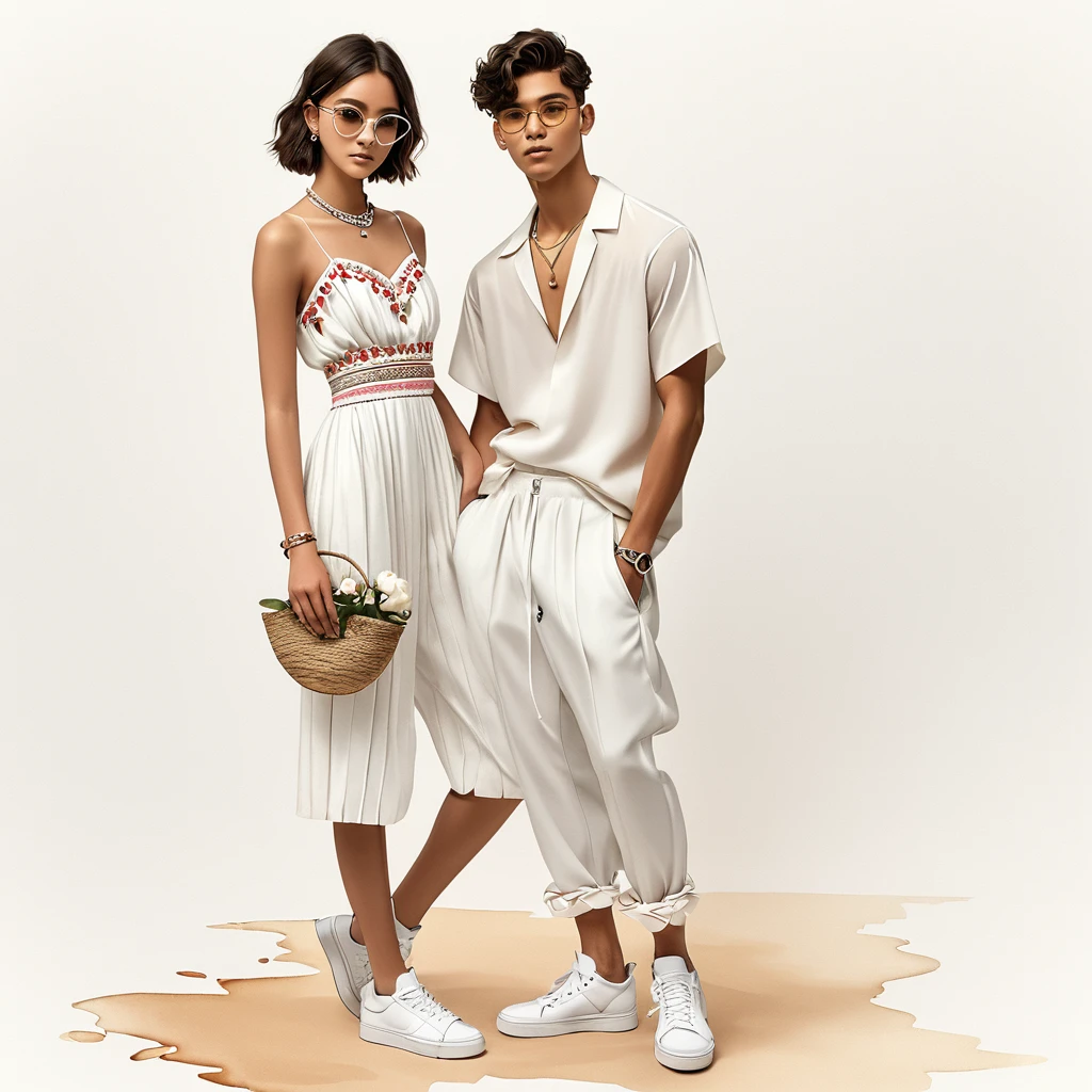 candid fashion illustration of young Mixed race man and woman, both aged 18 year old, ((showcase fashion look book in a Black and White rayon outfits)), inspired by BACKSTAGE resort collection 2023 in elegant young chic bohemian style. The man wears an oversized short-sleeved bowling white shirt with a minimal embroidery details, paired with relaxed-fit white Sports pants with Drawstring, He completes his look with white sneakers, round glasses. The woman complements him in a white Calf-length, fitted dress in a cotton crêpe weave with a sweetheart neckline, smocked section at the back and a concealed zip at one side. Elbow-length, organza-filled balloon sleeves with covered elastication over the shoulders and at the cuffs, Smocked details to creating gathers technique, Her ensemble includes an accessorizes with a brimmed straw bag, wood necklace and white sneakers and necklace. Captured in a low angle, ((full-body image)), ((light rose flower water color background)), sketching, realistic drawing, ((imperfect water color drawing)), fashion look book, fashion illustrator, sketch design,