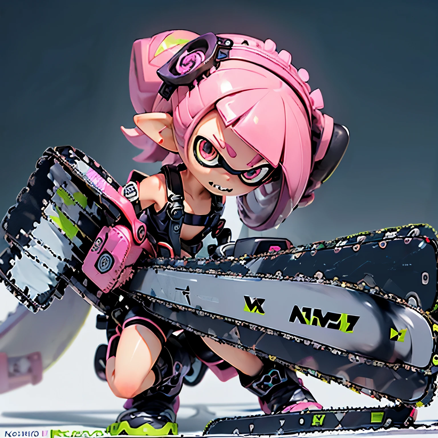 Best image quality,(Highest quality:1.1),(Super detailed:1.1), Cowboy Shot, Real Anime、3d、 (One Splatoon Woman, Women in punk fashion, Pink tentacle hair, Other shaving, Sharp eyes, Golden eyes, A glaring expression showing teeth), gigantic breast、Cleavage、 (open black leather jacket, Low rise denim shorts that reveal your navel, Previous open shorts、Black work boots), ((He has a long, thin chainsaw:1.5)),Combat Stance Pose、Pose of cutting with a chainsaw、Dynamic poses for battle, Dynamic Angle, Outdoor Background,