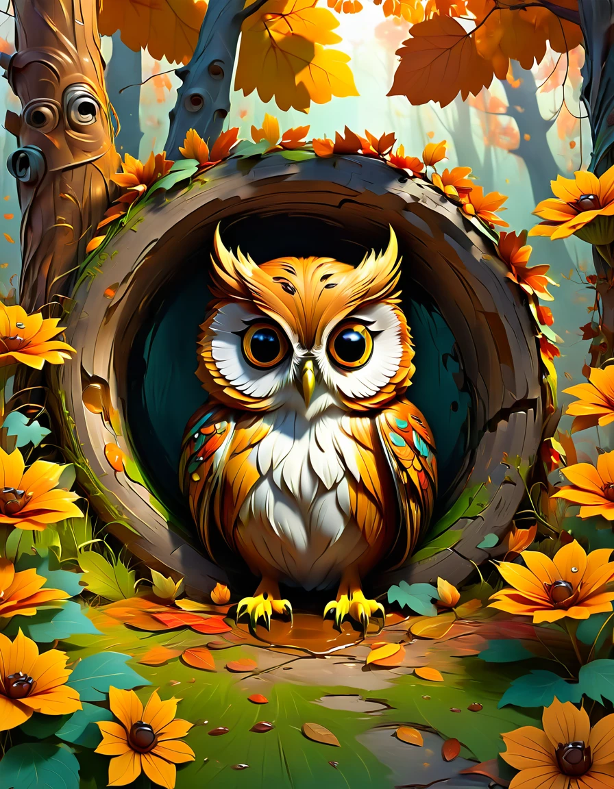 owl look hungry shaded graffiti style, coming out of a tree hole, autumn color flowers,3d   