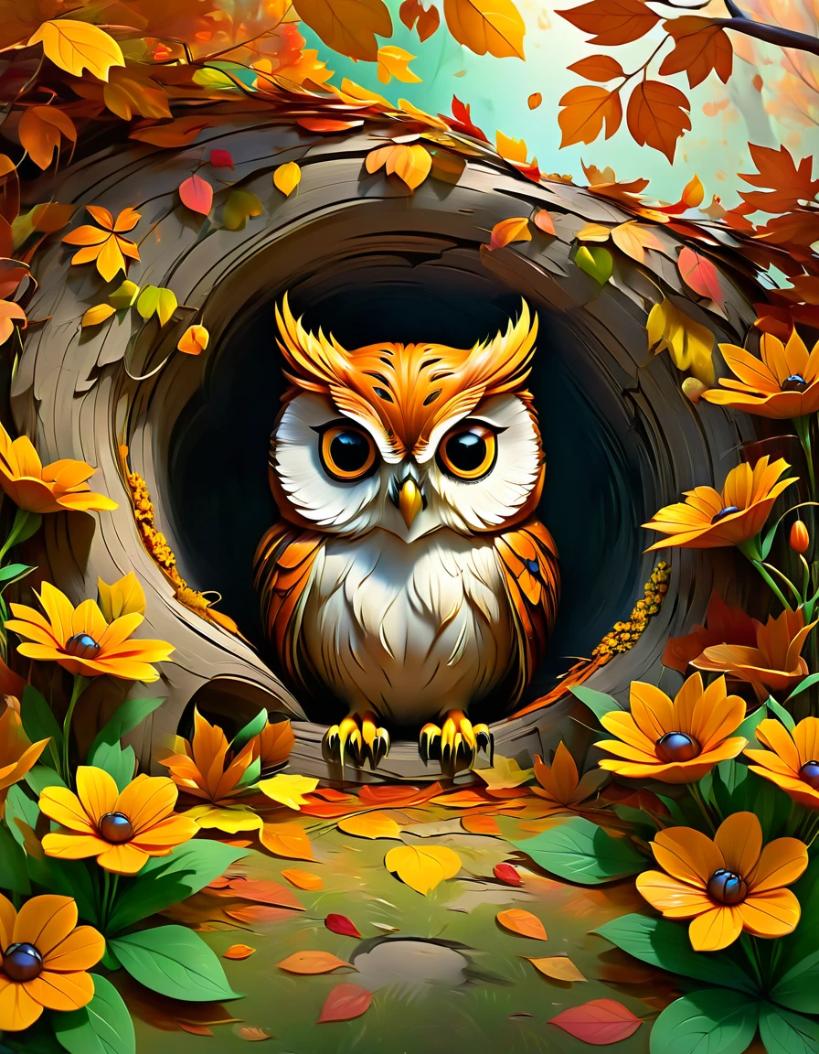 owl look hungry shaded graffiti style, coming out of a tree hole, autumn color flowers,3d   