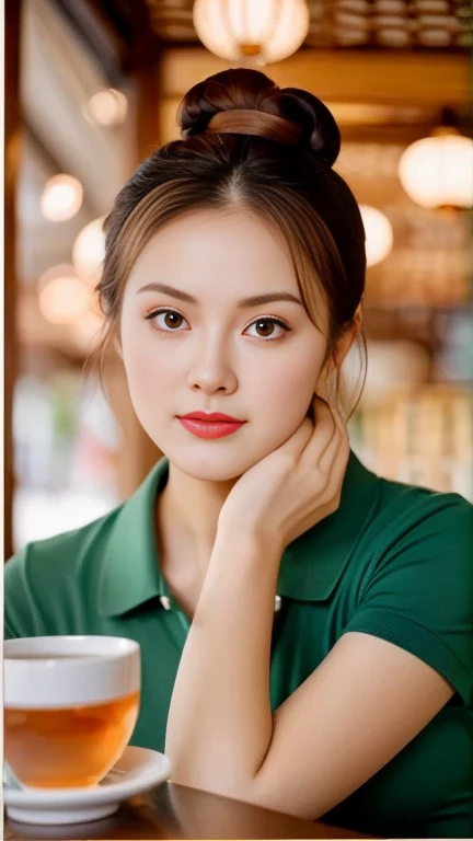 Close-up of woman with ponytail blowing up, ผู้หญิงlong hairSoutheast Asians with round faces, Large bust measures 38 inches., Warm light, morning sun, long hair,black eyes,abdominal muscles, The body is beautiful and strong., thick hips, rounded chest, (digital painting, HDR, high contrast), 3d, 8K, 45,000,000 pixcls!, Chinese woman, Southeast Asians with round faces, Chinese girl, young asian woman,lovely young woman, Beautiful Asian face, Season Wu, Gorgeous Chinese model, Si Han