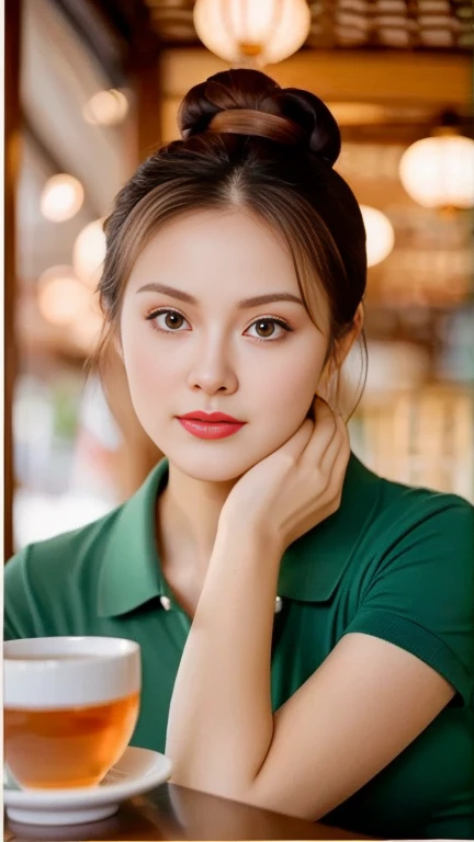 Close-up of woman with ponytail blowing up, ผู้หญิงlong hairSoutheast Asians with round faces,  Large bust measures 38 inches., Warm light, morning sun,  long hair,black eyes,abdominal muscles, The body is beautiful and strong., thick hips, rounded chest, (digital painting, HDR, high contrast), 3d, 8K, 45,000,000 pixcls!, Chinese woman, Southeast Asians with round faces, Chinese girl, young asian woman,lovely young woman, Beautiful Asian face, Season Wu, Gorgeous Chinese model, Si Han