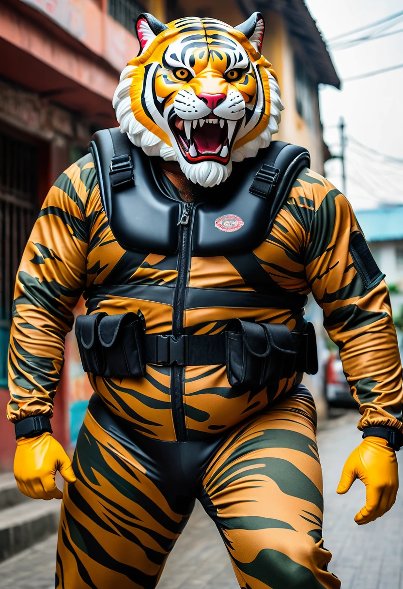 (a dark-skinned bearded fat old man in a bulky camouflage zipper diver suit) (wearing proportionate realistic roaring tiger mask that show the wearer eyes), carrying a gun holster on his right hip, muscular, Basuki Abdullah, sumatraism, muscular physique, imposing stature, action, a character portrait, heroic, fierce, snarling, best quality