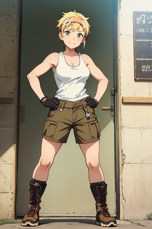 Anime Art、Full body portrait、A freckled female mechanic, about 38 years old, about 165 cm tall, wearing a white tank top and brown shorts, standing upright with her hands on her hips、Laughing with mouth open、The hairstyle is short、Blonde、wearing goggles、Green Eyes、gloves、Knee-high boots