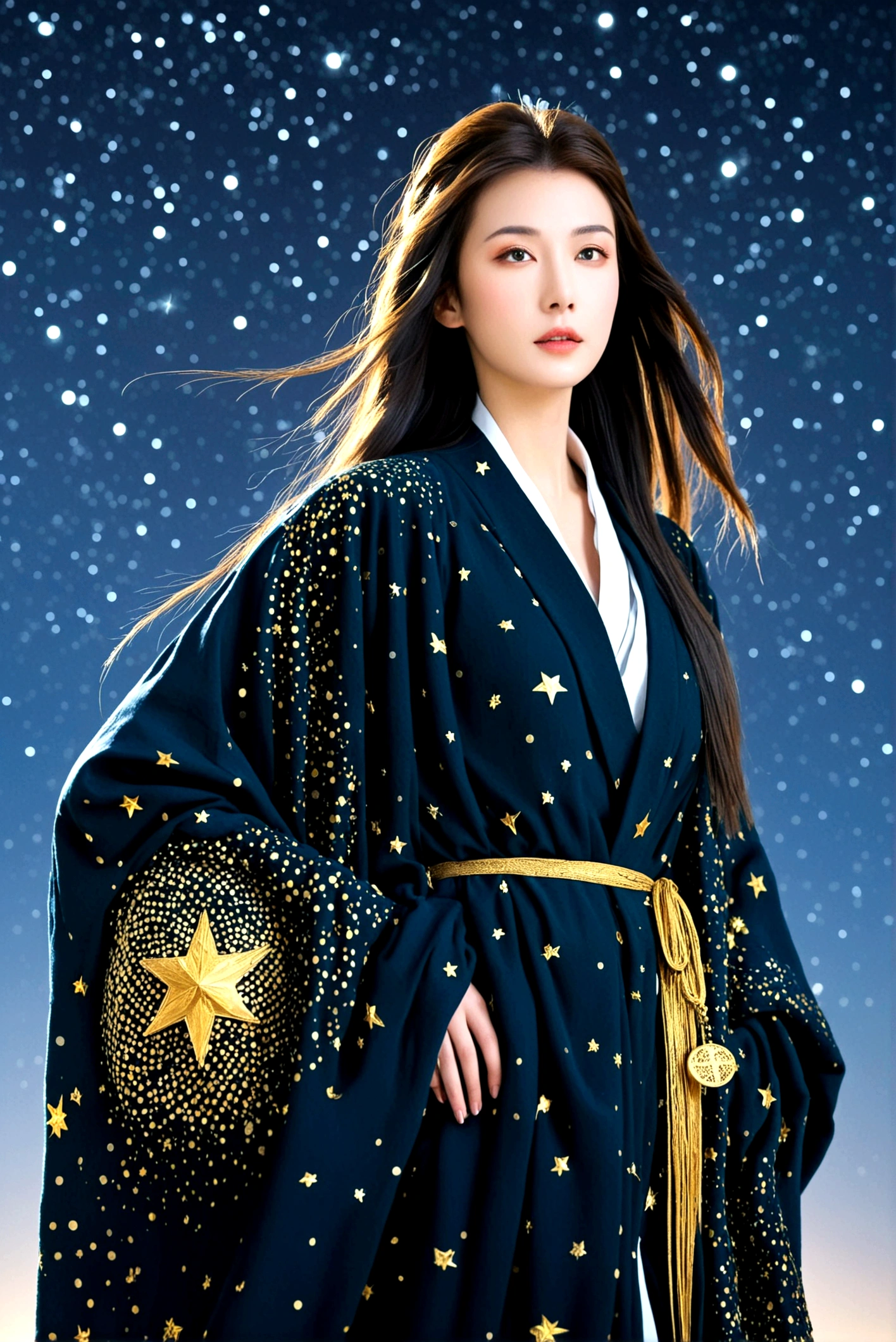 Dark ancient robe,Dotted with golden stars,Sophisticated attire,Long hair,female,Astrologer,1.85 meters