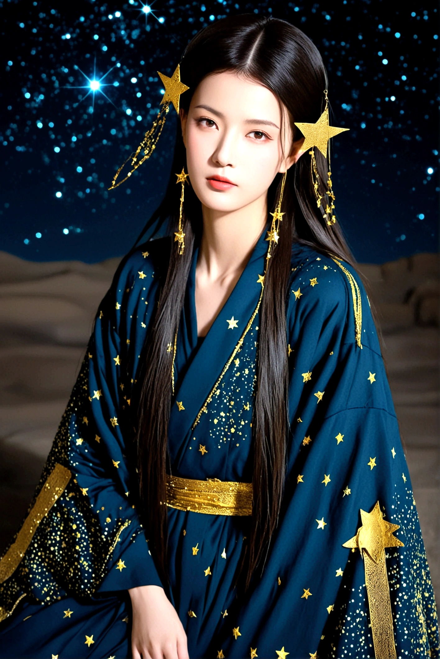 Dark ancient robe，Dotted with golden stars，Sophisticated attire，Long hair，female，Astrologer，1.85 meters