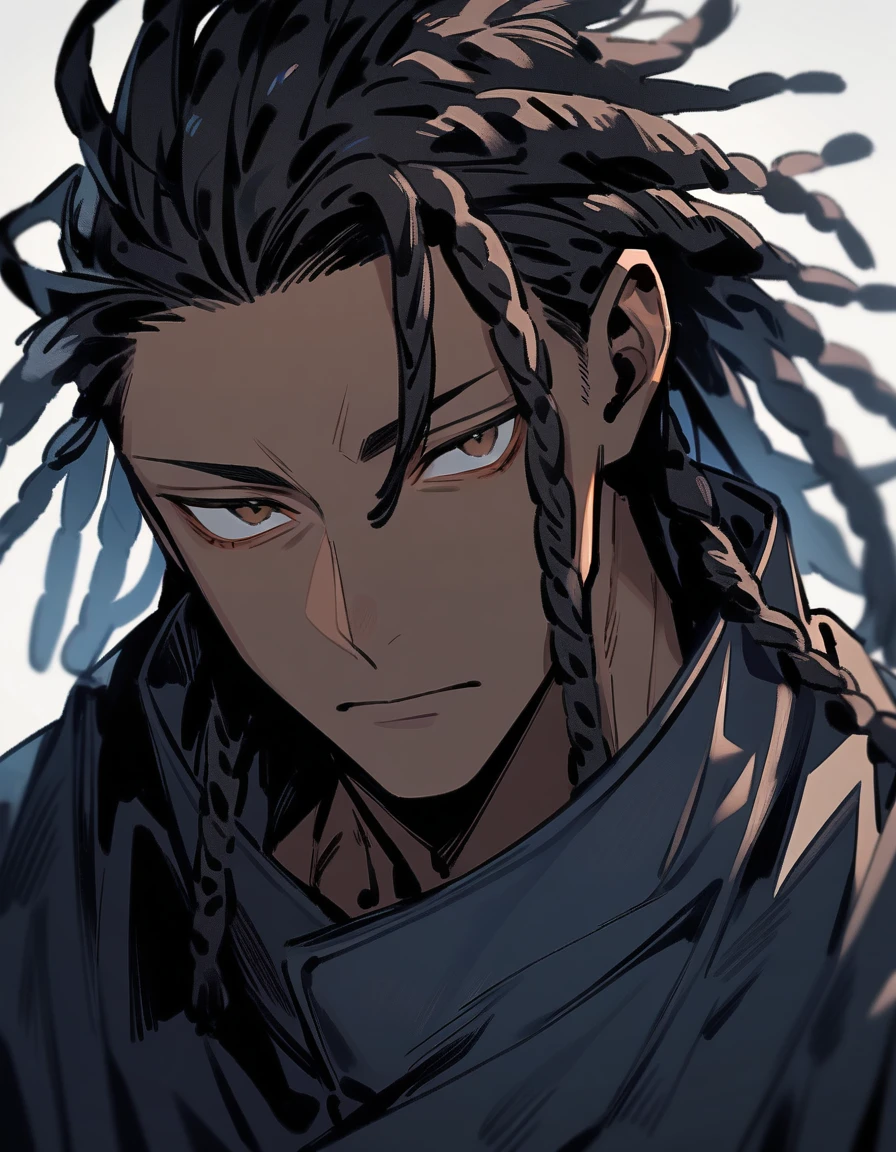 (1boy,jujutsu kaisen) solo, (black jacket with black fur) (brown skin color), messy look, black hair, ((dreadlock hairstyle)), brown eyes, masterpiece, best quality, high quality, upper body, male focus, eye bags