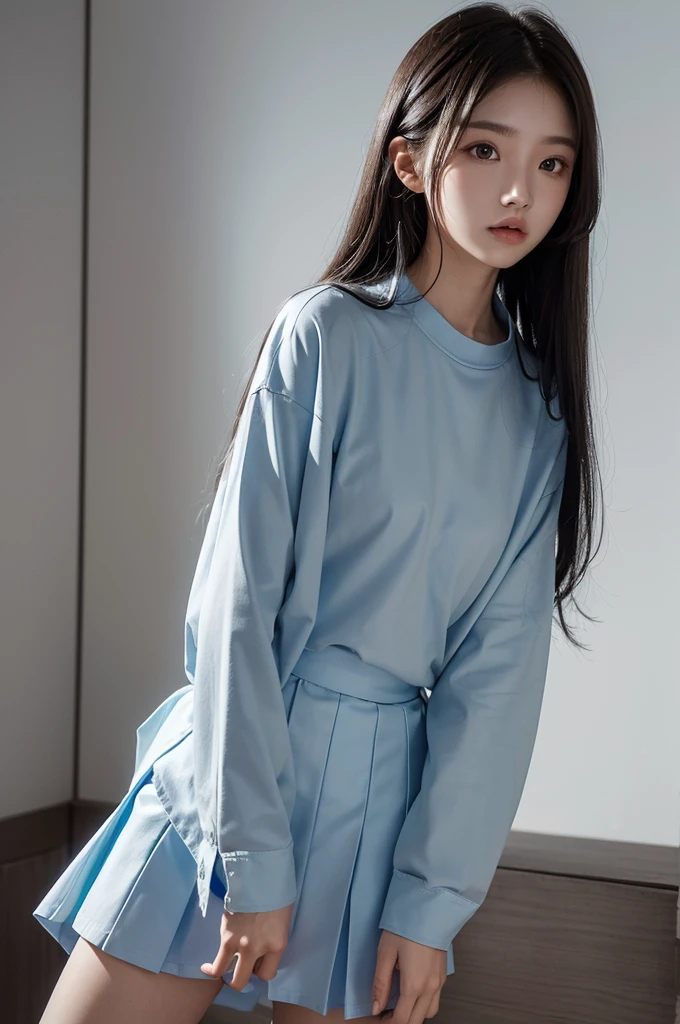 20 year old girl, blue long sleeve-shirt, short skirt, long hair, high contrast (Natural skin texture, Hyperrealism, Soft Light, sharp), portrait, standing, korean